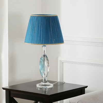 Blue 1-Light Table Lamp Traditional Pleated Fabric Barrel Shade Nightstand Light with Clear Crystal Base