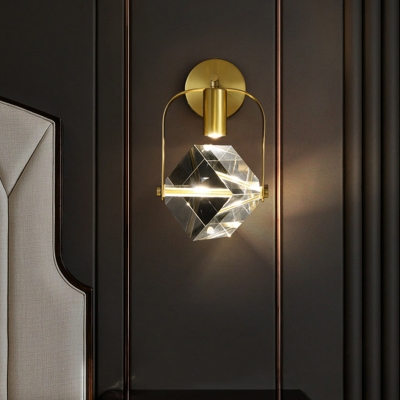 Brass LED Mini Wall Light Fixture Postmodern Clear Crystal Cubic Sconce Light for Bedroom