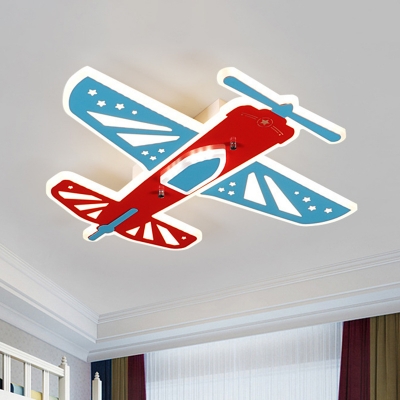 Cartoon LED Ceiling Light Fixture with Acrylic Shade Blue and Red Airplane Flush Mount