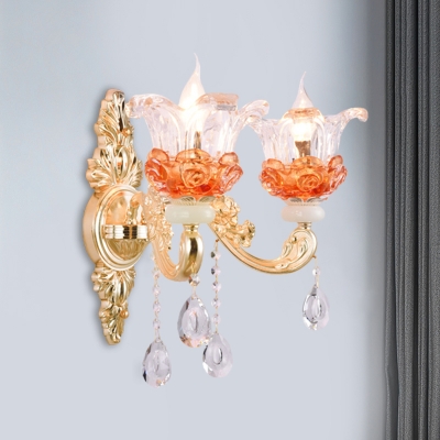 Clear and Amber Glass Blooming Sconce Traditional 1/2-Light Living Room Wall Mount Lamp in Gold
