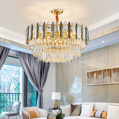 Clear Crystal Layered Suspension Lamp Modern 9-Light Pendant Chandelier in Black and Gold for Living Room