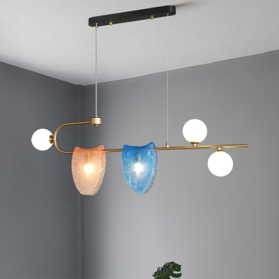 Clear/Pink-Blue Glass Arced Chandelier Light Modernism 5-Bulb Gold LED Island Pendant Lamp for Dining Room