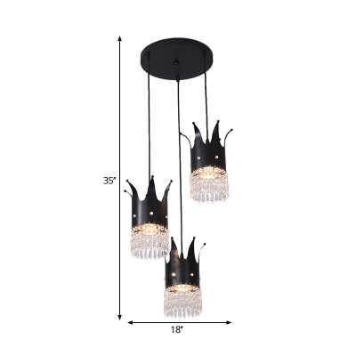 Crown Multi Pendant Light Fixture Contemporary Crystal 3-Bulb Black Hanging Lamp with Round/Linear Canopy