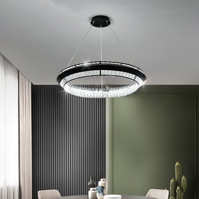Crystal Encrusted Hoop Chandelier Minimalist Living Room LED Pendant Lighting in Black