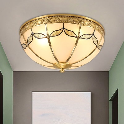 Domed Frosted Glass Flush Light Colonial 3/4 Bulbs Bedroom Flush Mount Fixture in Brass, 14