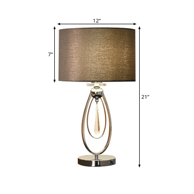 Fabric Drum Shade Table Lamp Contemporary Single Bulb Black Nightstand Light with Crystal Drop for Bedroom