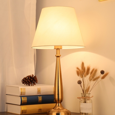Fabric Gold Nightstand Lamp Drum LED Colonial Task Lighting with White Shade for Bedroom