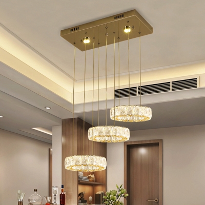 Faceted Crystal Drum Suspension Lighting LED Modern Multi Light Pendant Chandelier in Stainless-Steel for Restaurant