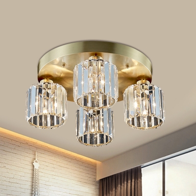 Gold 4-Head Semi Mount Lighting Postmodern Crystal Prism Cylindrical Flush Ceiling Light