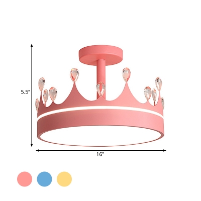 Kids Crown Semi-Flush Ceiling Fixture Acrylic Girls Bedroom LED Flush Mount Lighting in Pink/Blue/Gold