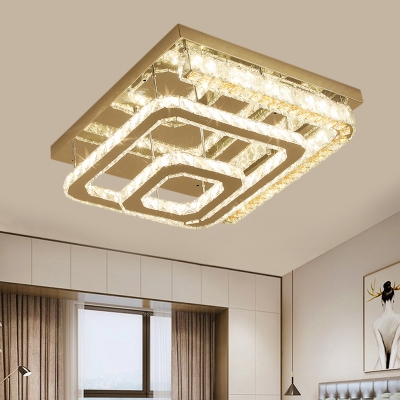 Modern LED Semi Mount Lighting with Clear Crystal Glass Shade Stainless-Steel Square Close to Ceiling Light