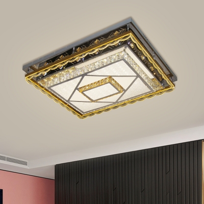 Nickel Finish Rectangular Ceiling Lamp Modern Beveled Cut Crystal Living Room LED Flush Mounted Light