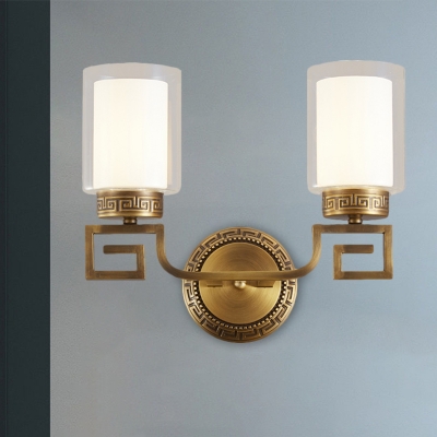 Opaline Glass Brass Wall Mount Lighting Cylinder 2 Bulbs Traditional Wall Mounted Lamp