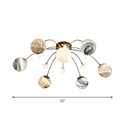 Planet Frosted Glass Semi Flush Nordic LED Gold Ceiling Mounted Light for Kids Room