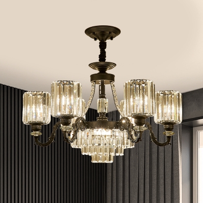 Prismatic Crystal Cylinder Up Chandelier Retro 3/6 Bulbs Dining Room Hanging Light Fixture in Black