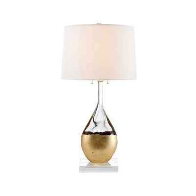 Teardrop Bedside Night Lamp Postmodern Crystal 1-Head Brass Table Light with Pull Chain and White Barrel Shade