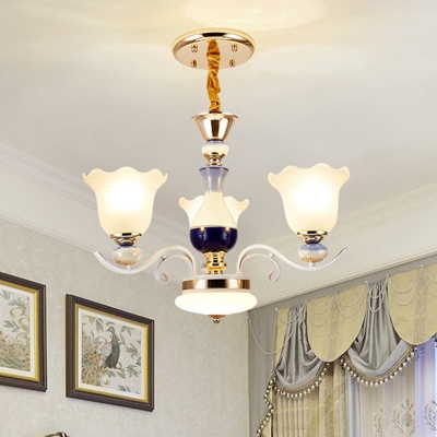 3/6 Heads Hanging Light Fixture Traditional Scalloped Frosted Glass Ceiling Suspension Lamp in White