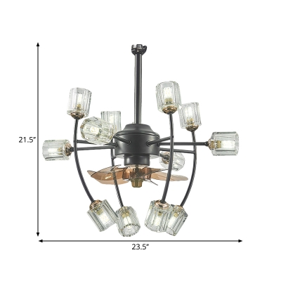 3 Blades 12-Bulb Flush Ceiling Fan Country Style Tiered Prismatic Crystal Semi Flush Light in Black, 31.5