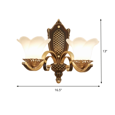 Brass 2-Head Wall Mount Lamp Traditional Opal Frosted Glass Floral Wall Sconce Light
