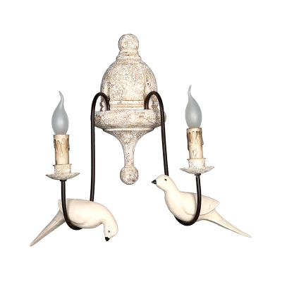Candle Dining Room Wall Lamp Rustic Metallic 1/2-Head Brown-White Sconce with Bird Decor