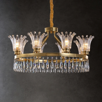 Clear Crystal Gold Hanging Chandelier Crown-Shape 5/8 Heads Traditional Pendant Light Fixture