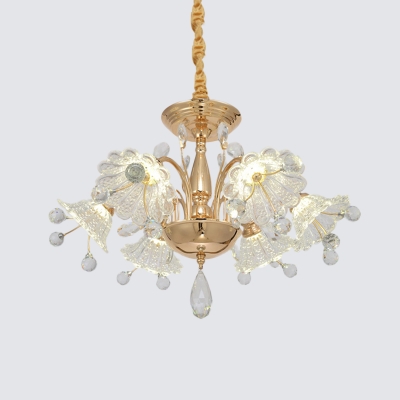 Clear Textured Crystal Flower Chandelier Contemporary 6 Lights Dining Room Hanging Lamp in Gold