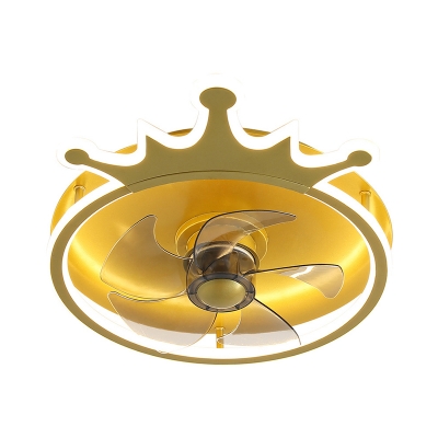 Crown Kids Bedroom 5-Blade Semi Flush Metallic LED Cartoon Hanging Fan Lamp Fixture in Gold, 16