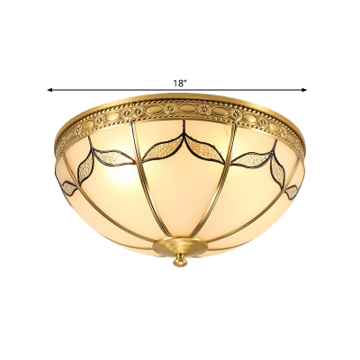 Domed Frosted Glass Flush Light Colonial 3/4 Bulbs Bedroom Flush Mount Fixture in Brass, 14