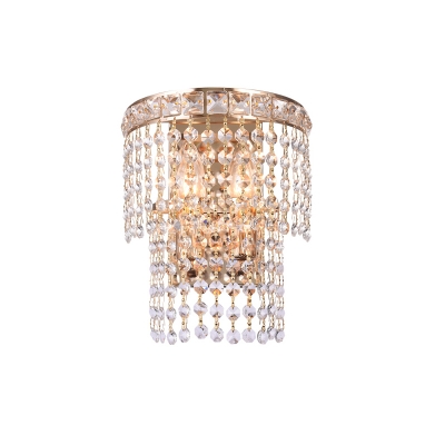 Double-Layered Wall Lighting Contemporary Faceted Crystal 2-Bulb Staircase Wall Mount Light Fixture in Gold