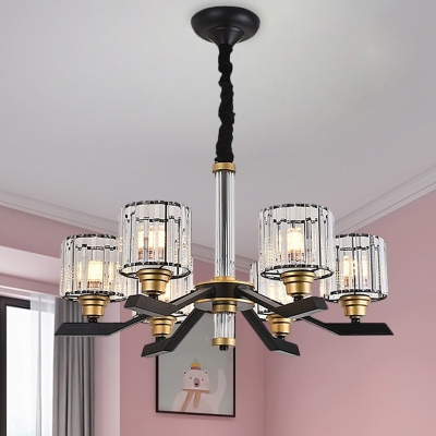 Drum Shade Chandelier Light Contemporary Clear Crystal 6/8 Bulbs Bedroom Ceiling Hang Fixture in Black