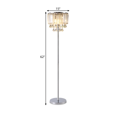 Drum Sitting Room Floor Lamp Crystal Block LED Modern Standing Light in Chrome with Droplet