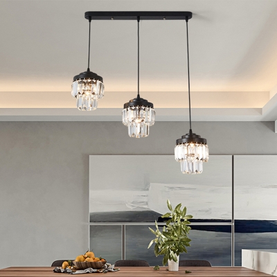 Dual-Layered Multi Pendant Light Fixture Modern Crystal Block 3 Lights Black Suspension Lamp with Linear/Round Canopy