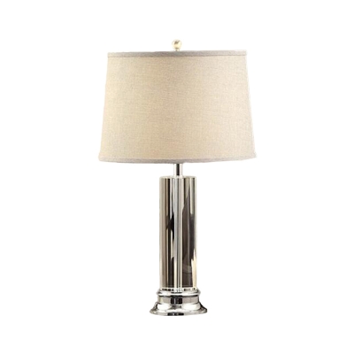 Fabric Beige Night Stand Lamp Drum Shaped 1 Head Traditional Table Lighting with Cylinder Base