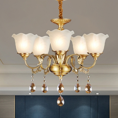 Frosted White Glass Ruffle Up Chandelier Antique 3/5 Lights Dining Room Hanging Lamp in Gold