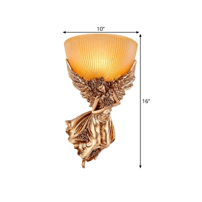 Gold Bowl Wall Lighting Rural Yellow Glass 1 Light Bedroom Wall Sconce Light with Angel Girl Decor