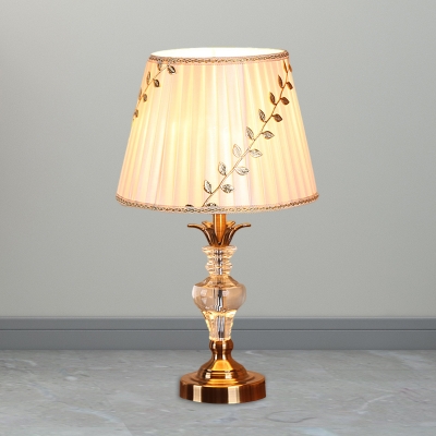 Gold Finish 1 Head Table Light Rural Fabric Pleated Lampshade Night Lighting with Leaf Pattern