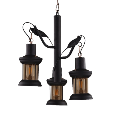 Lantern Metal Ceiling Lighting Retro Style 3 Heads Indoor Chandelier Light Fixture in Black