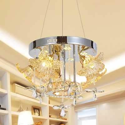 Lily Blossom Restaurant Chandelier Modern Stylish Amber Crystal Chrome LED Hanging Light