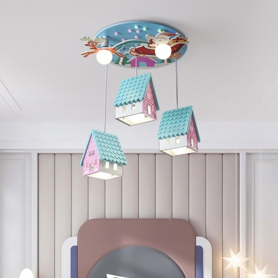 Metal Cottage Multi Pendant Cartoon 5 Bulbs Ceiling Lamp with Reindeer and Santa Claus Deco in Blue