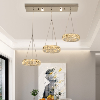 Modern Style Drum Multi Light Chandelier Faceted Crystal Dining Room LED Hanging Lamp Kit in Stainless-Steel
