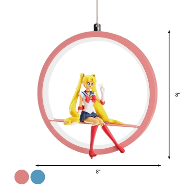 Round Down Mini Pendant Kids Style Metal LED Bedside Ceiling Hang Fixture in Pink/Blue with Cartoon Figure Deco