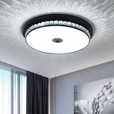 Round LED Close to Ceiling Lamp Modern Clear Crystal Glass Flush Mount Fixture in Black for Bedroom, 15.5