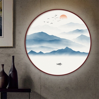 Round Wall Mural Mount Lamp Asia Acrylic LED Blue Wall Sconce with Mountain and Bird Pattern, Warm/White Light