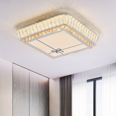 Squared Sleeping Room Flush Mount Lamp Bevel Glass LED Contemporary Ceiling Fixture with Bowknot/Trellis Pattern in White