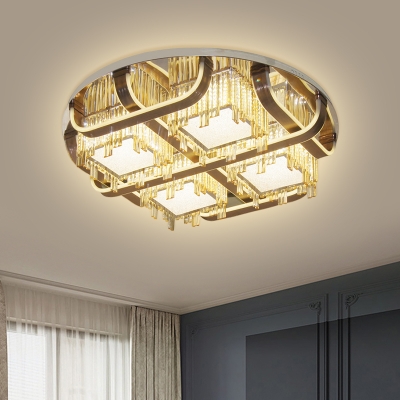 Stainless Steel Checkered Ceiling Lamp Modern Crystal Living Room LED Flush Mount with Round Canopy