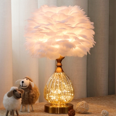 Tan Glass Teardrop Desk Lighting Modernist 1 Light White Night Lamp with Feather Design