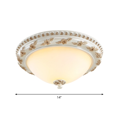 White Glass Domed Flush Light Countryside 2/3-Light Bedroom Flushmount Lamp, 14