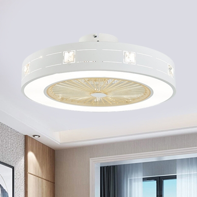 White Round Ceiling Fan Light Nordic Metallic Living Room LED Semi Flush Mount Light, 21.5