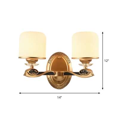 1/2-Bulb Cream Ribbed Glass Wall Lamp Antiqued Gold Cylinder Bedroom Wall Lighting Fixture