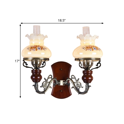 2 Heads Wall Mounted Lighting Countryside Decanter-Like Tan Glass Wall Lamp with Flower Pattern in Bronze